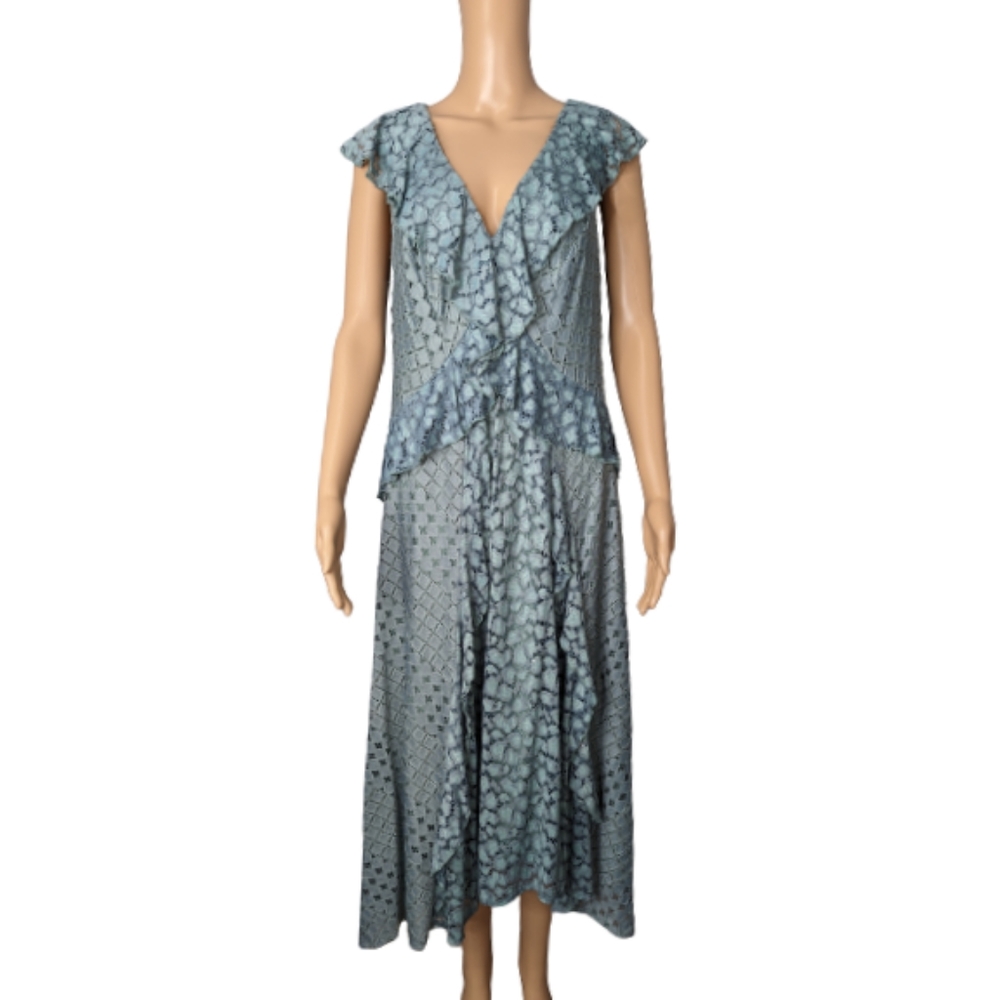 Anthropologie Antoinette Mint Green Lace Ruffled V-Neck Dress 14